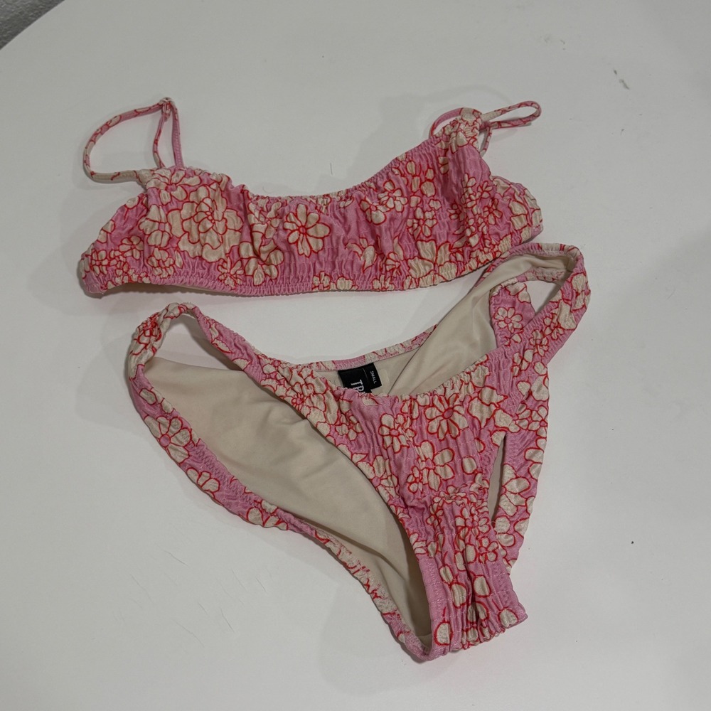 Triangl Pink Floral Crinkle Bikini Set Small Bandeau Top High Leg Bottoms